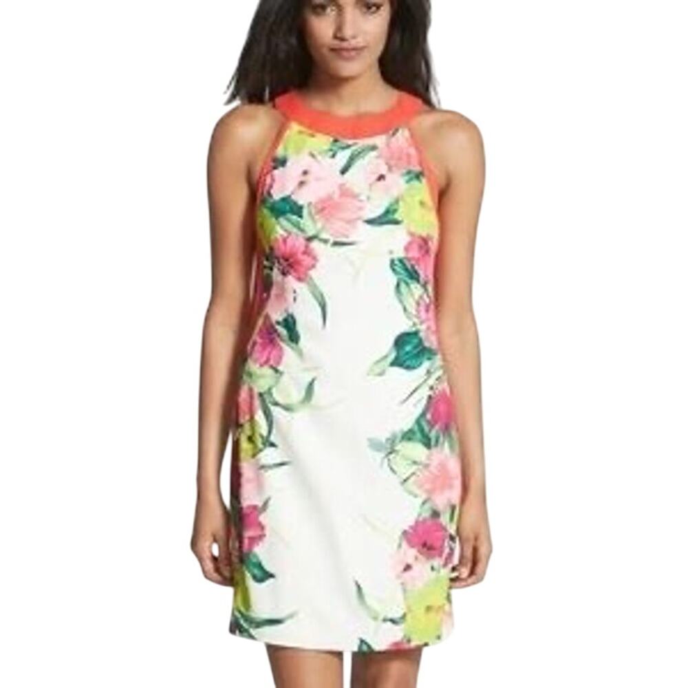 Ted Baker Satin Floral Halter Shift Dress Orange/Peach/Green (Ted 2) US 6 EUC